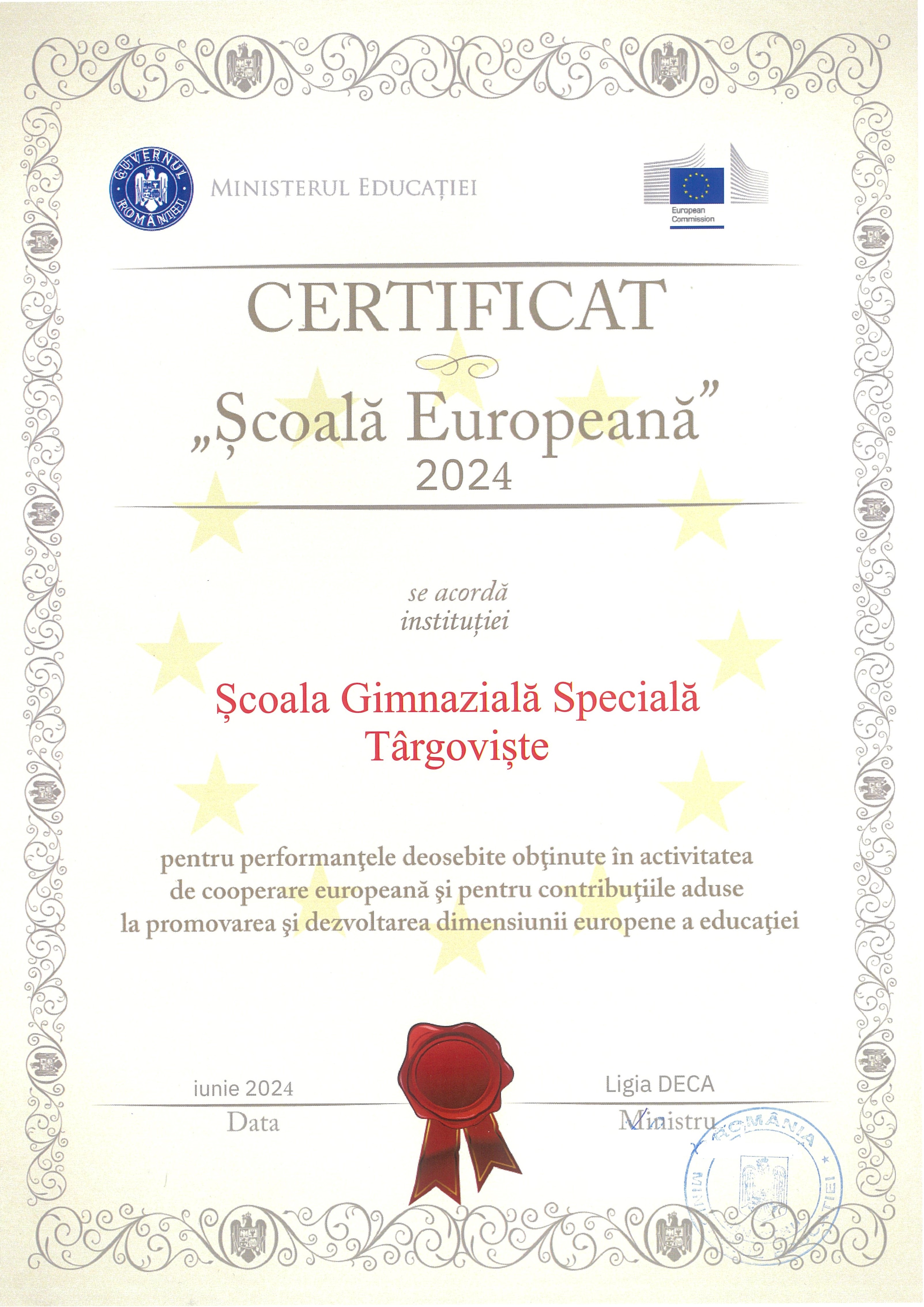 Certificat Scoala Europeana -